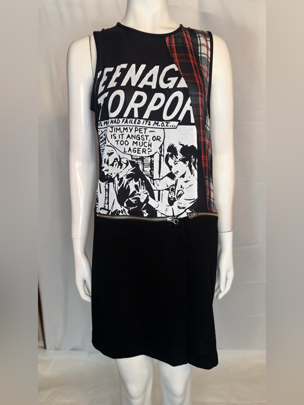 Alexander McQueen Black Graphic Midi Dress with Red Plaid Panel
